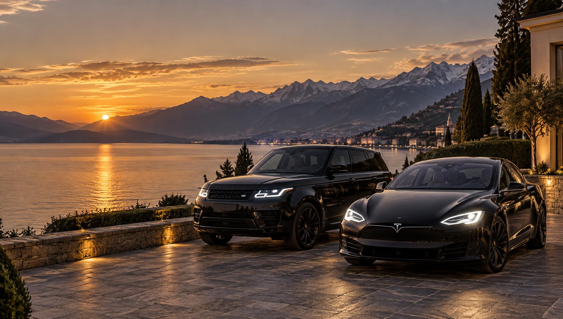Tesla Model S et Range Rover Sport noirs au bord du lac Léman (photo d’illustration)